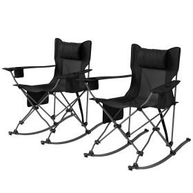 Outsunny Portable Outdoor Folding Rocking Camping Chairs with Headrest, Cooler Bag, Cup Holder, Carry Bag, 2 Pack, Black