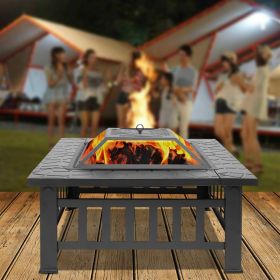 32 Inch Black Iron Fire Pit with Grill Pan Multifunctional Outdoor BBQ Grill and Ice Pit Rectangular Heater for Patio Lawn and Garden Warming Fir