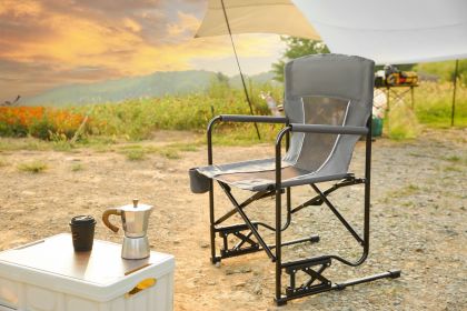 Outdoor Freestyle Rocker Camping Chair Portable Folding Rocking Chair with Solid, Durable Armrests, Drink Holder & Comfortable Backrest -Grey
