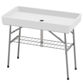 Outsunny 3.4ft Folding Ice Cooler Table with Drain, Fill and Chill Table Outdoor Table Cooler with Storage Shelf (Color: White)