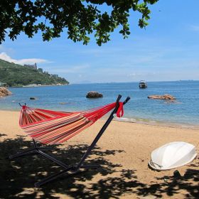 Double Hammock with Stand 450 lb. capacity steel stand, includes premium carry bag and two anti-sway balance beams (Color: Red)