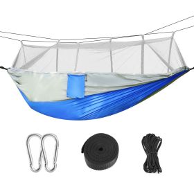 600lbs Load 2 Persons Hammock w/Mosquito Net Outdoor Hiking Camping Hommock Portable Nylon Swing Hanging Bed w/ Strap Hook Carry Bag (Color: blue+grey)
