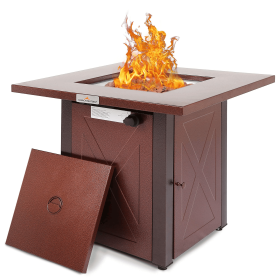 28" 50000 BTU Outdoor Propane Gas Fire Pits Table, Square Brown Texture Outdside Patio Firepits Fireplace Dinning Coffee Tables with Lid & Lava R (Color: as Pic)