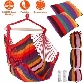 Hammock Hanging Chair Canvas Porch Patio Swing Seat Portable Camping Rope Seat Wooden Stick Hammock Chair with 2 Pillows 265LBS Load-bearing (Color: as picture)